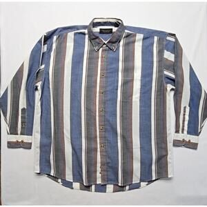 Vintage Johnathan Stewart Striped Shirt Blue Brown Mens XL Button Down